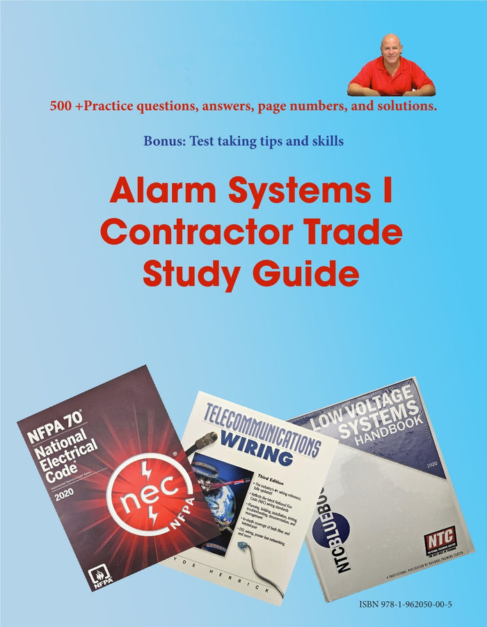 Cover of Alarm Systems I Contractor Trade Study Guide with practice questions and reference books on a blue background