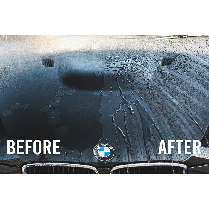 A before (wet no beads) and after (beaded water droplets) of a car hood with P & S Bead Maker.
