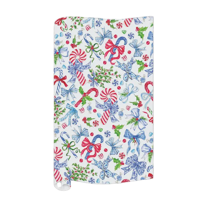 Blue Chinoiserie Bows Holly and Candy Cane Wrapping Paper - Main View - RoseanneBeck Collections