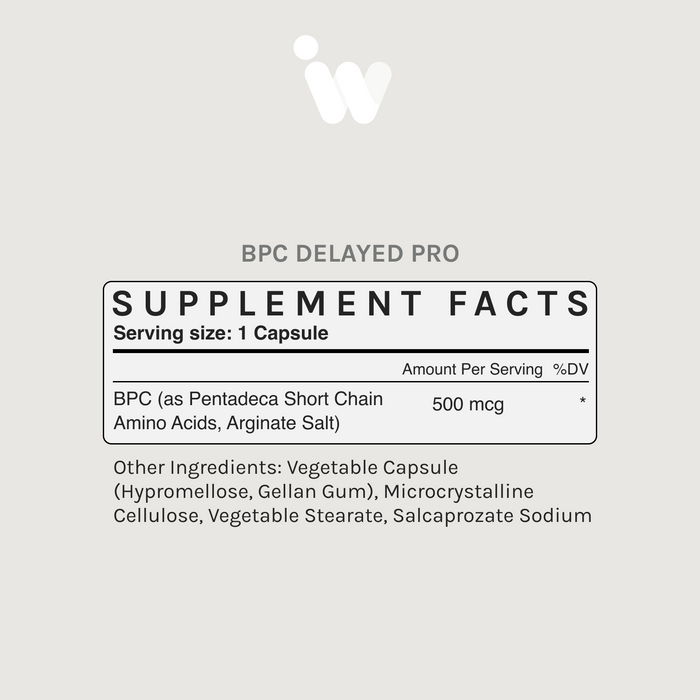 White bottle of InfiniWell BPC Delayed Pro delayed-release peptide supplement, front label