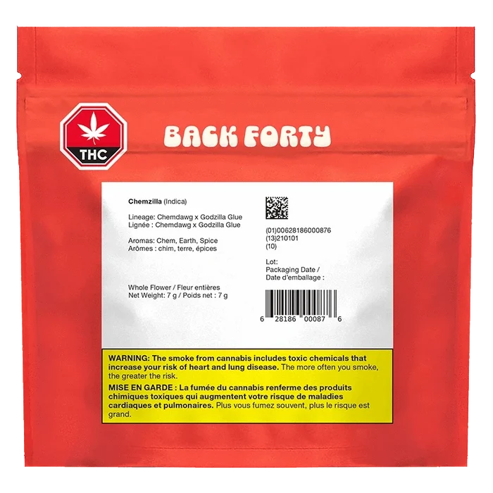 Center-forward view of a red Back Forty pouch with a white product label showing "Chemzilla" strain details and a yellow THC warning.