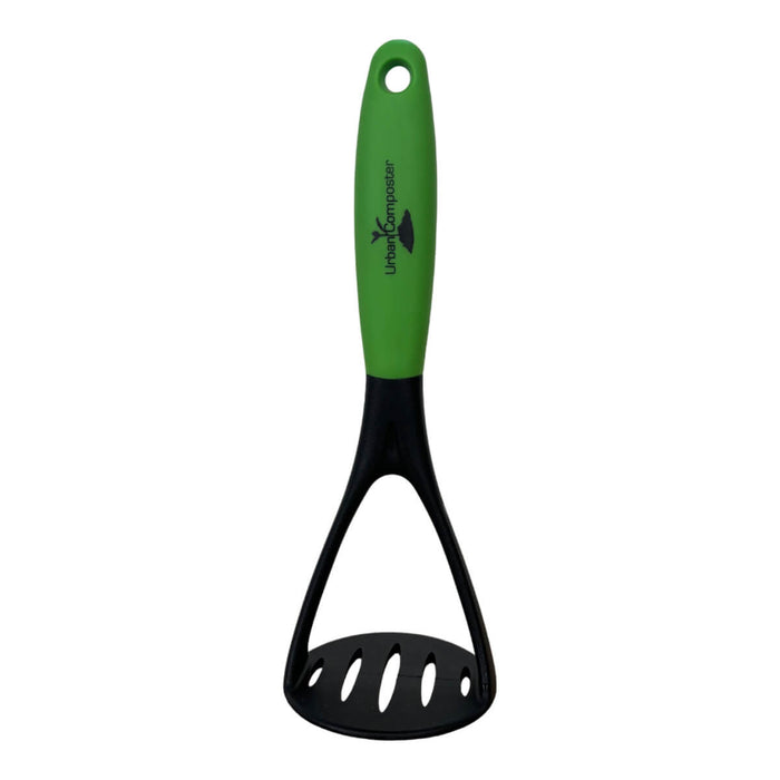 A black compost masher with a green handle, featuring a logo on the handle.