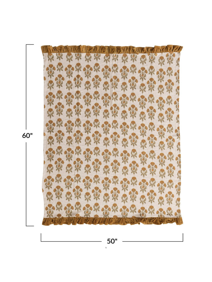 Cotton Slub Printed Throw w/ Velvet Ruffle