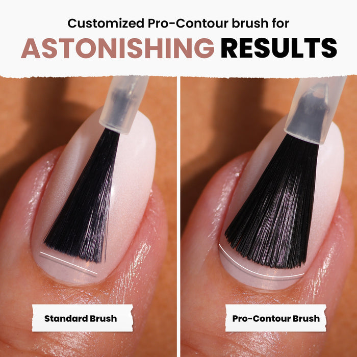Comparing sheer nude nail polish application: Crowning Crumpet (Professional) by LONDONTOWN with a standard brush versus a Pro-Contour brush. The Pro-Contour delivers more precise coverage, offering vegan and cruelty-free perfection.