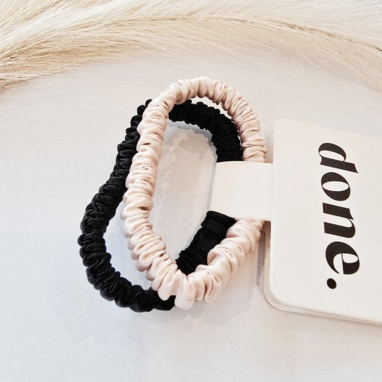 Done Slim Hair Ties 2 Piece 100% Silk Black/Pink