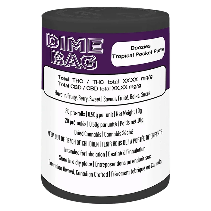 Front view of a cylindrical container labeled Doozies Tropical Pocket Puffs PR 20 x 0.5 g with purple top band and white information panel.