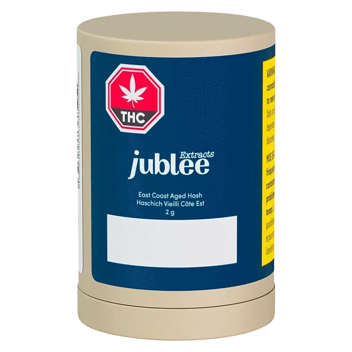 Front-facing shot of the Jubilee Extracts East Coast Aged Hash cylindrical 2g container with a blue label and red THC symbol.