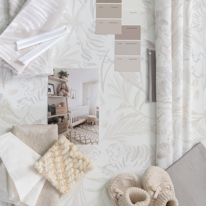 Emma Sand made-to-order fabric with soft neutral botanical prints, crafted in the USA with short lead times for custom home decor.