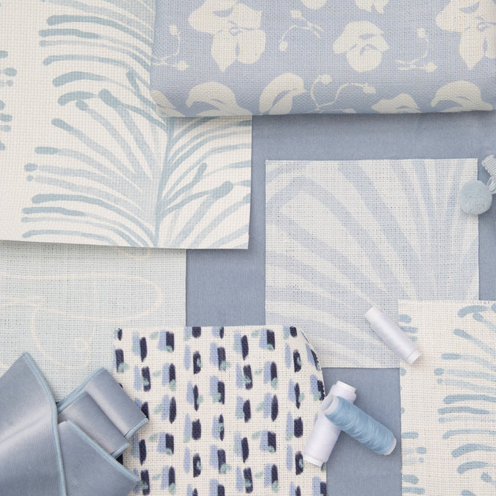 Emma Sky made-to-order fabric collection in soft blue tones, featuring custom patterns, crafted in the USA with fast quality production