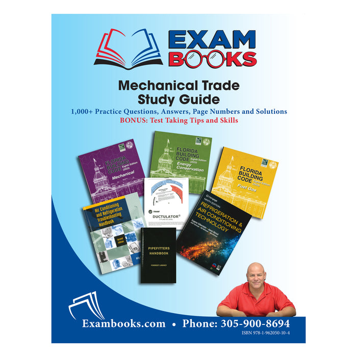 Cover of Mechanical Trade Study Guide with multiple reference books and a smiling man on blue background