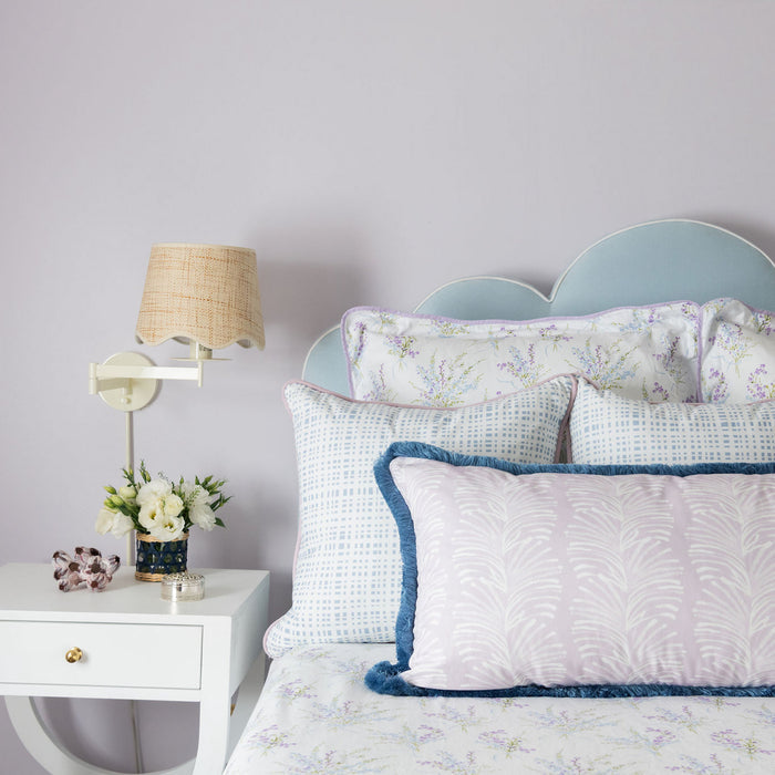 Ginger made-to-order decorative pillows in soft pastel florals and blue grid patterns, manufactured in the USA with short lead times