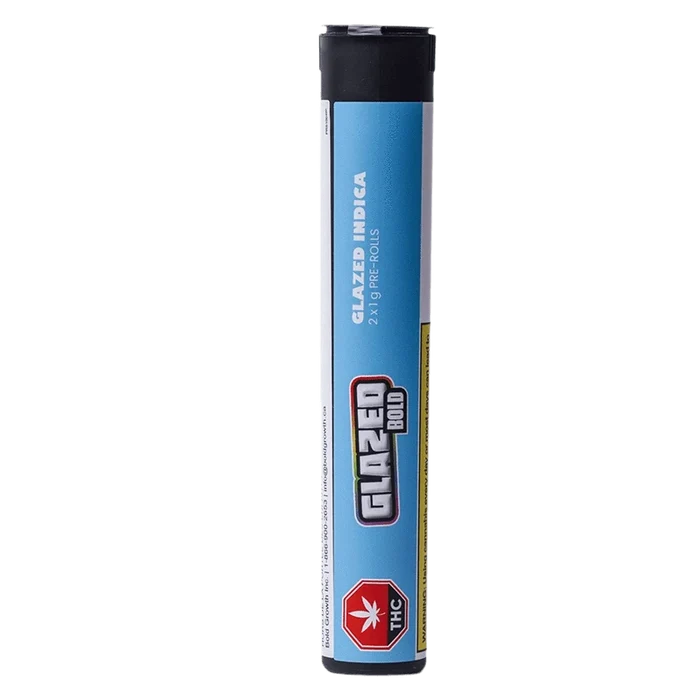 Straight-on view of the tubular Glazed Indica PR 2 x 1 g packaging, standing upright with a blue label and black cap.
