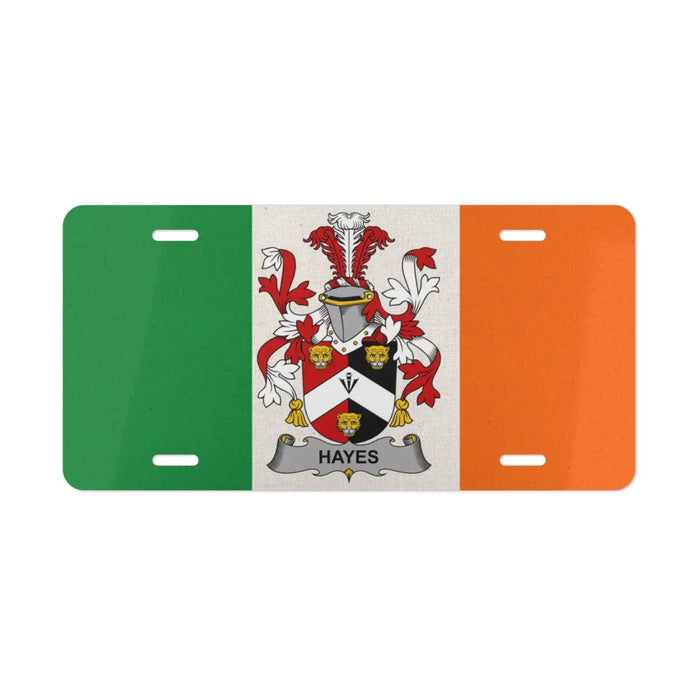 Hayes family crest on an Irish flag novelty license plate