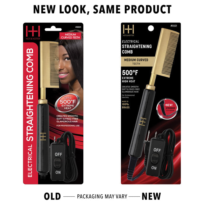 Hot & Hotter Electric Straightening Comb Medium Curved Teeth, 1 Count, Black & Gold