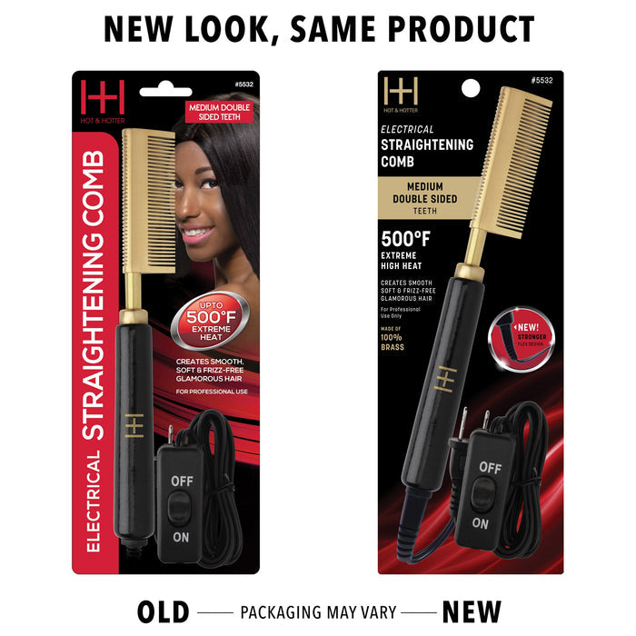 Hot & Hotter Electric Straightening Comb Medium Double Sided Teeth, 1 Count, Black & Gold