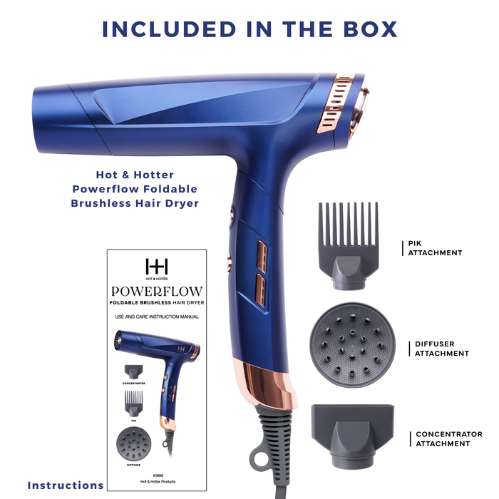 Hot & Hotter Powerflow Foldable Brushless Hair Dryer, 1 Count, Blue