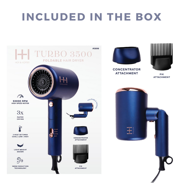 Hot & Hotter Turbo 3500 Foldable Hair Dryer, 1 Count, Blue