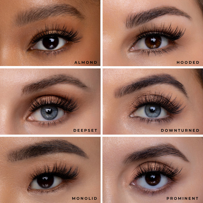 Quad panel showing four lash styles Almond Hooded Deepset and Prominent.