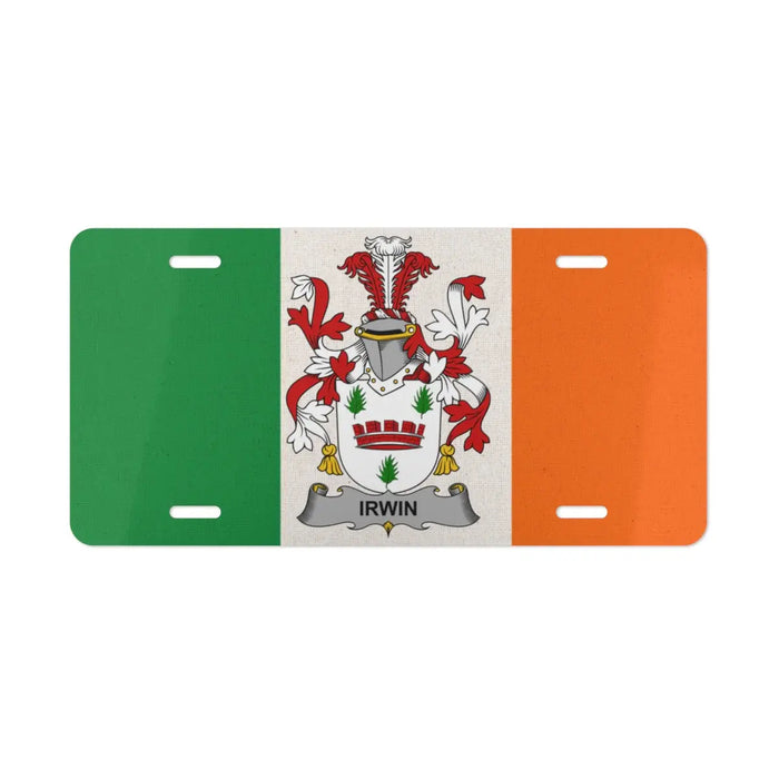 Irish flag license plate featuring the Irwin family crest