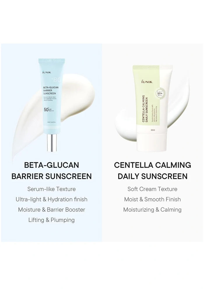 Two sunscreen products with text describing their features on a white background