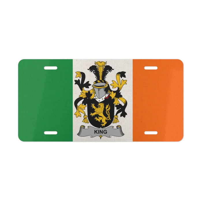 Irish flag license plate featuring the King family crest
