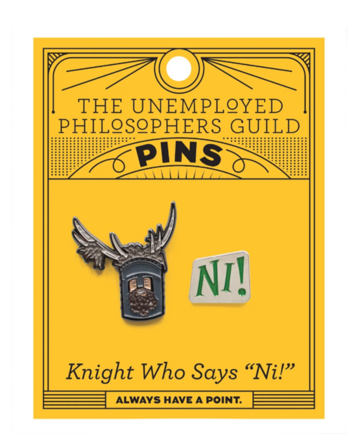 Knight who says Ni enamel pin set by unemployed philosophers guild sold by Le Monkey House