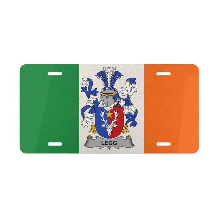 Irish flag license plate featuring the Legg family crest