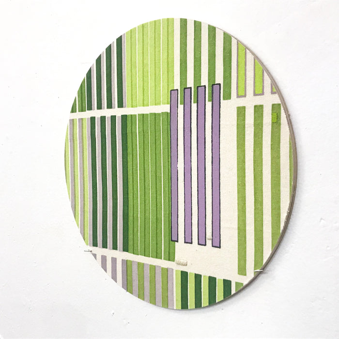 Line Study 1 by Molly Koehn features vertical stripes in varying shades of green and lavender on raw silk. The circular composition showcases intersecting horizontal white lines creating a geometric pattern. The mixed-media artwork combines pigment and embroidery mounted on birch, measuring 10x10 inches.