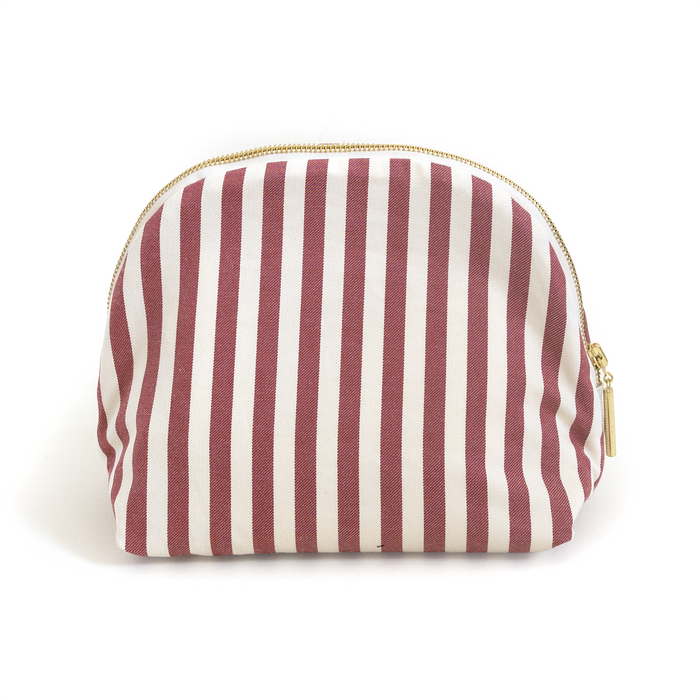 Louisa Cranberry pouch with vertical cranberry stripes, gold zipper, made-to-order and customizable accessory for quick use