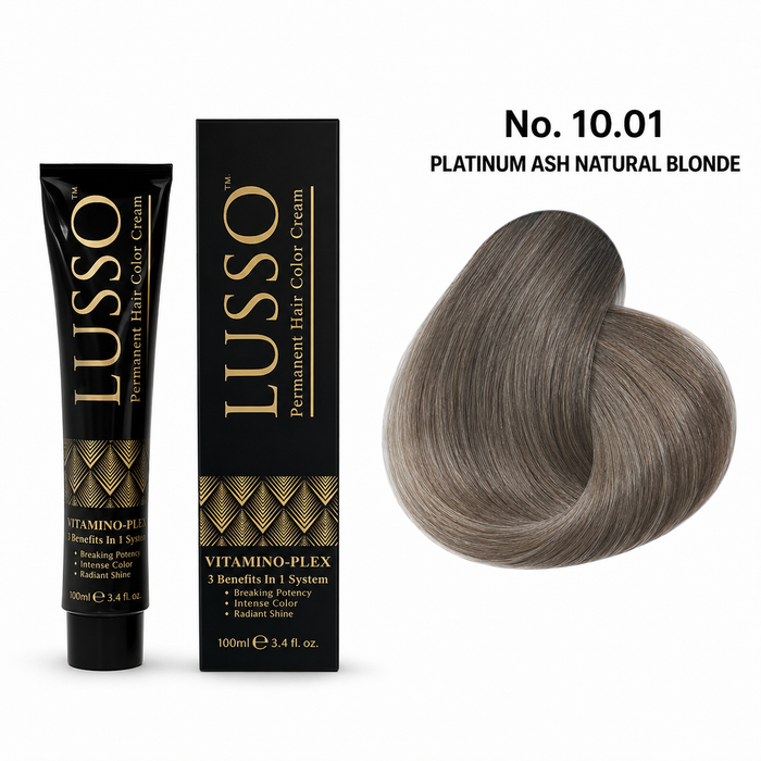 LUSSO Permanent Hair Colour Cream 100 ml No. 10.01 Platinum Ash Natural Blonde with colour swatch