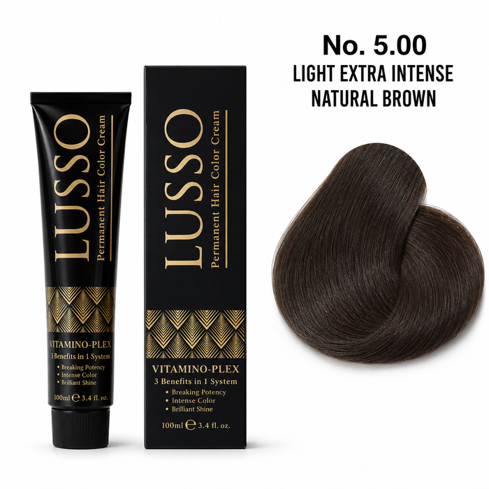LUSSO Permanent Hair Colour Cream 100 ml No. 5.00 Light Extra Intense Natural Brown with colour swatch