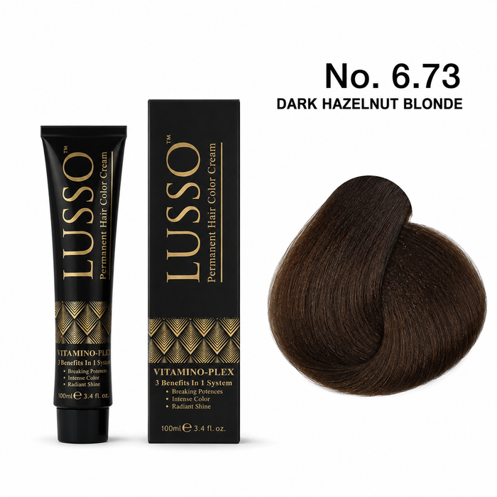 LUSSO Permanent Hair Colour Cream 100 ml No. 6.73 Dark Hazelnut Blonde with colour swatch