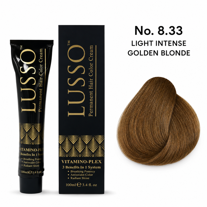 LUSSO Permanent Hair Colour Cream 100 ml No. 8.33 Light Intense Golden Blonde with colour swatch
