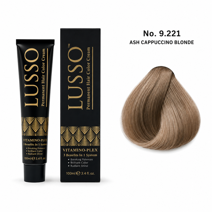 LUSSO Permanent Hair Colour Cream 100 ml No. 9.221 Ash Cappuccino Blonde with colour swatch
