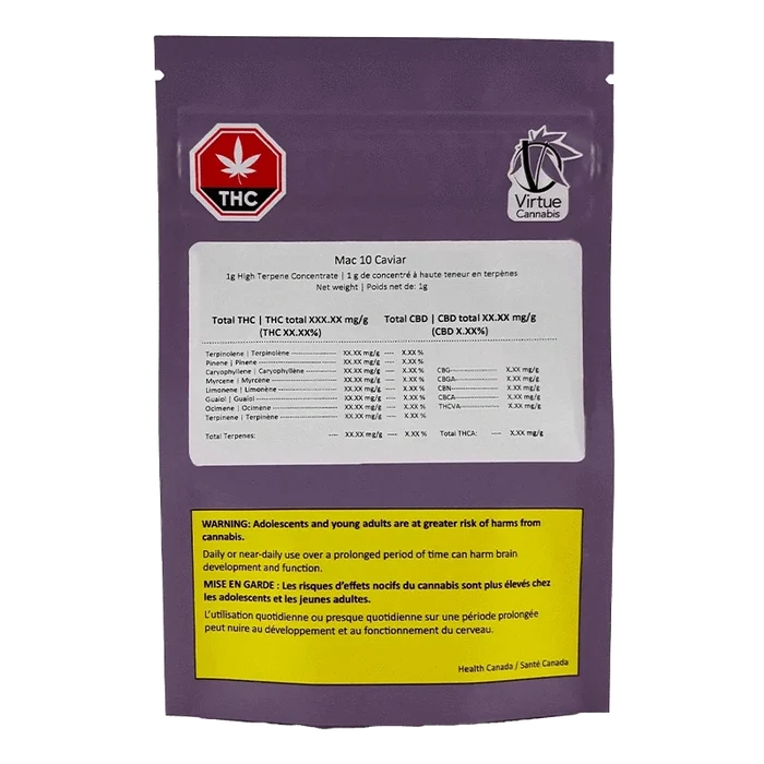 Rear view of a purple packet labeled Mac 10 Caviar with a white nutrition-style sticker, THC symbol and yellow warning box at the bottom