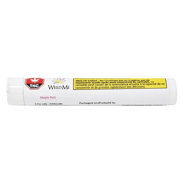 Horizontal studio shot of a white tube labeled "Maple RNTZ PR 3 x 0.5 g" with the WeedMe logo and a yellow warning panel.