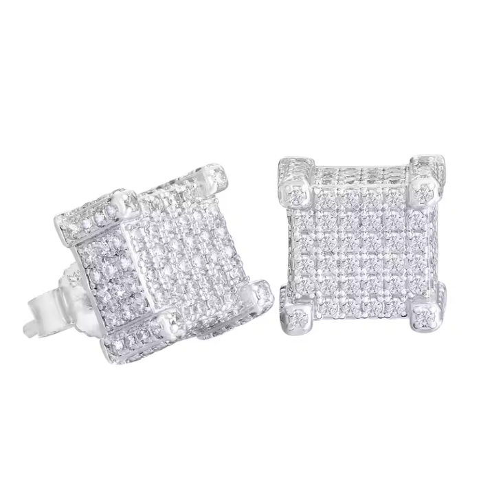 Men’s 14K Gold-Plated 925 Sterling Silver Square 3D Iced-Out Cube Earrings