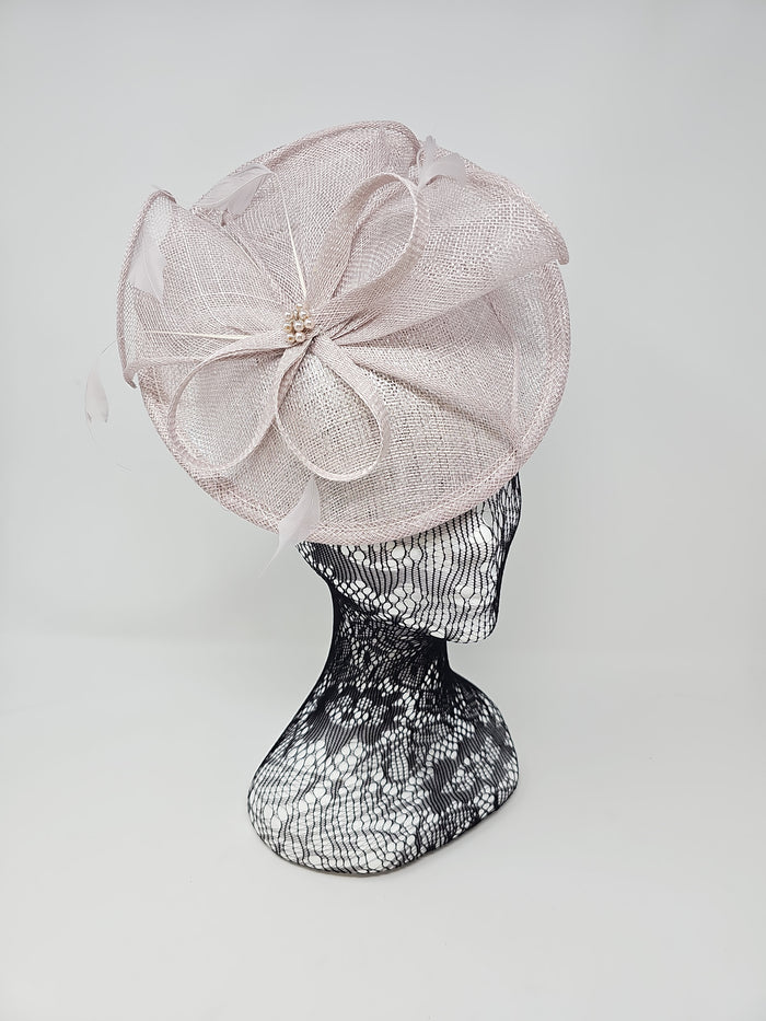 Metallic Pearl Silver Feather & Bow Round Disc Fascinator
