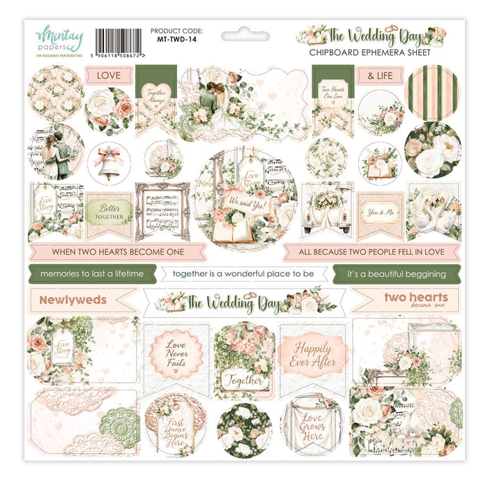 Mintay - 12X12 Chipboard Ephemera Sheet - The Wedding Day. Available at Embellish Away in Bowmanville Ontario Canada.