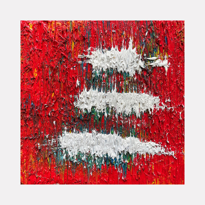 The artwork 'Number 35' by Roberto A Godinez features three horizontal white abstract brushstrokes against a vibrant red textured background. The oil painting showcases dynamic impasto technique with dripping effects, creating a striking contrast between the bold crimson field and pure white gestural marks, with subtle touches of teal peeking through the layers.