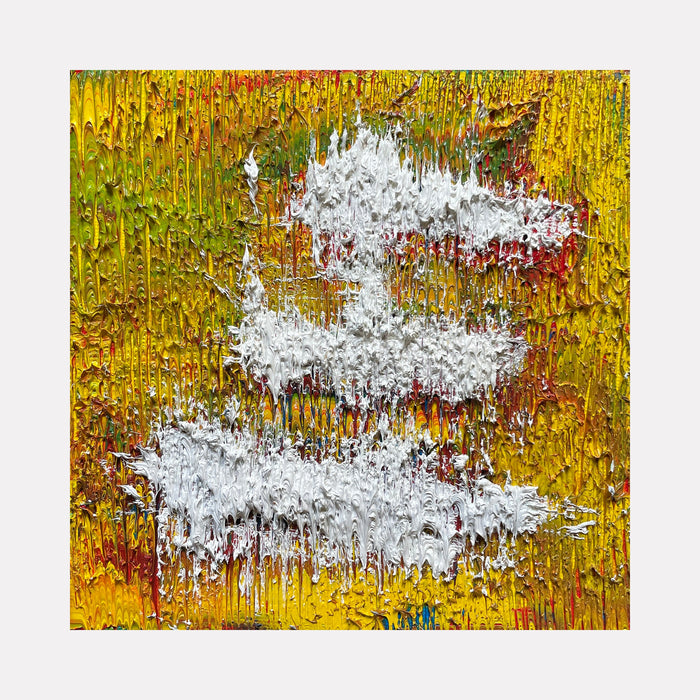 The artwork 'Number 36' by Roberto A Godinez features a striking abstract composition of textured white formations against a vibrant yellow and amber background. The oil painting showcases dramatic dripping techniques, creating vertical streaks that contrast with thick impasto white paint clusters, measuring 6x6 inches on canvas.