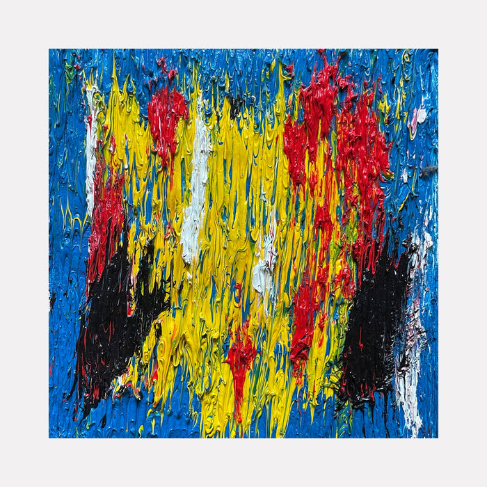 The artwork 'Number 48' by Roberto A Godinez features bold vertical drip painting technique with vibrant yellow dominance, contrasted by intense red splashes and deep black sections against a bright blue background. Heavy impasto texture creates dynamic movement through abstract expressionist style on 6x6 inch oil canvas.