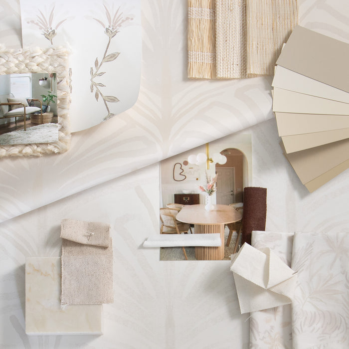 Oat fabric swatch in soft neutral palette with textures and paint samples, made-to-order, short lead times, USA made