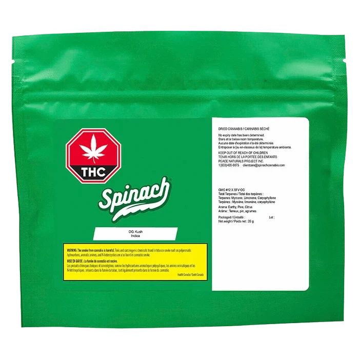 Flat front view of the green Spinach OG Kush pouch with a white info panel, red THC symbol, and yellow warning box.