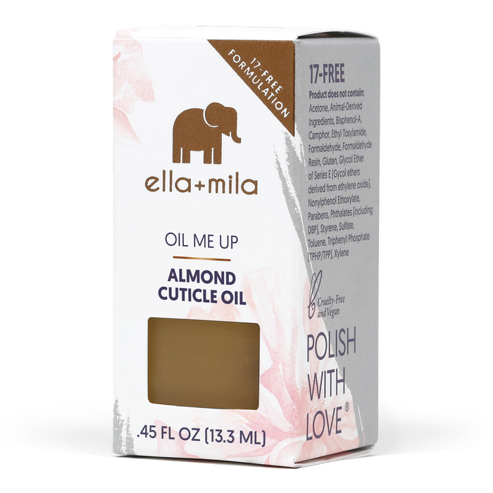 Oil Me Up almond cuticle oil with its retail box, 0.45 fl oz