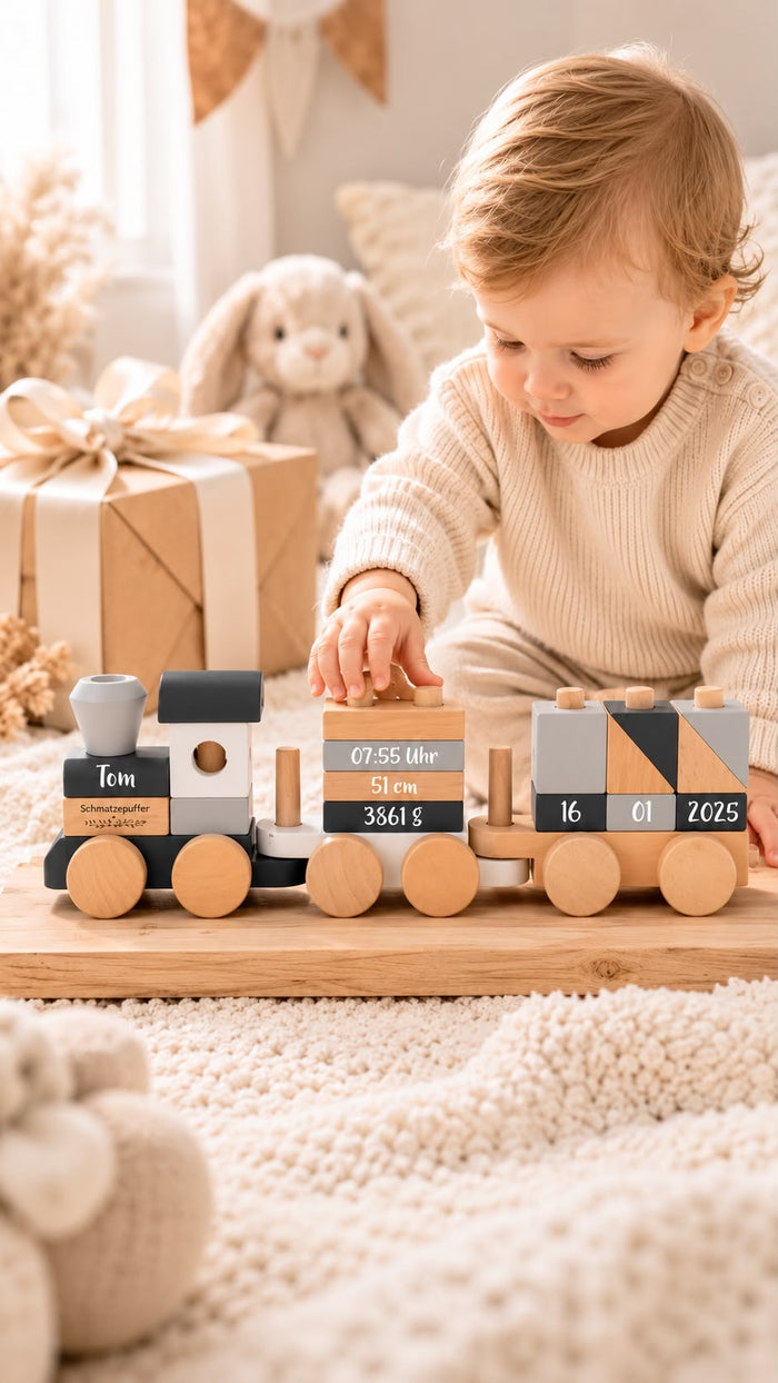 Personalisierter Holzzug zur Geburt in Grau und Natur als Holzspielzeug und Erinnerungsstück