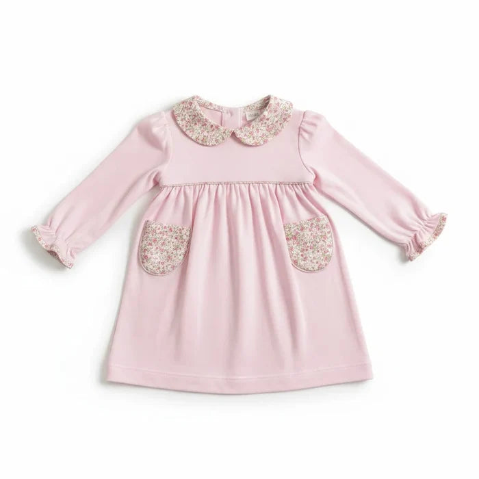 Petit Bebe Pink Knit Dress w/ Floral Collar & Pockets
