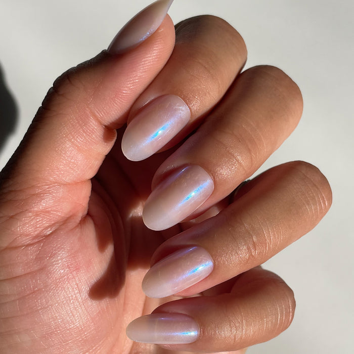Pink Goldfish | Oval | Medium shimmery pink iridescent press on nails in medium oval shape for easy mani at home