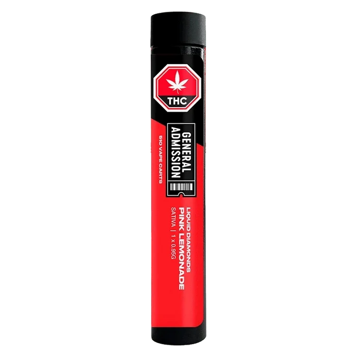 Straight-on view of a tall red and black tube labeled Pink Lemonade Liquid Diamond Vape Cartridge with a THC logo and "General Admission" badge.