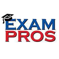 Exam Pros logo with blue uppercase text and red bold letters, featuring a black graduation cap on white background
